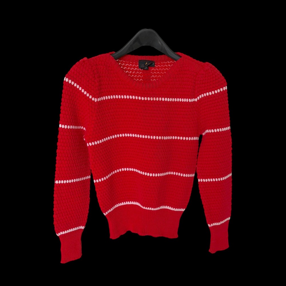 80's Liz Claiborne Red Textured Popcorn Knit Striped Sweater Crew Neck Large‎